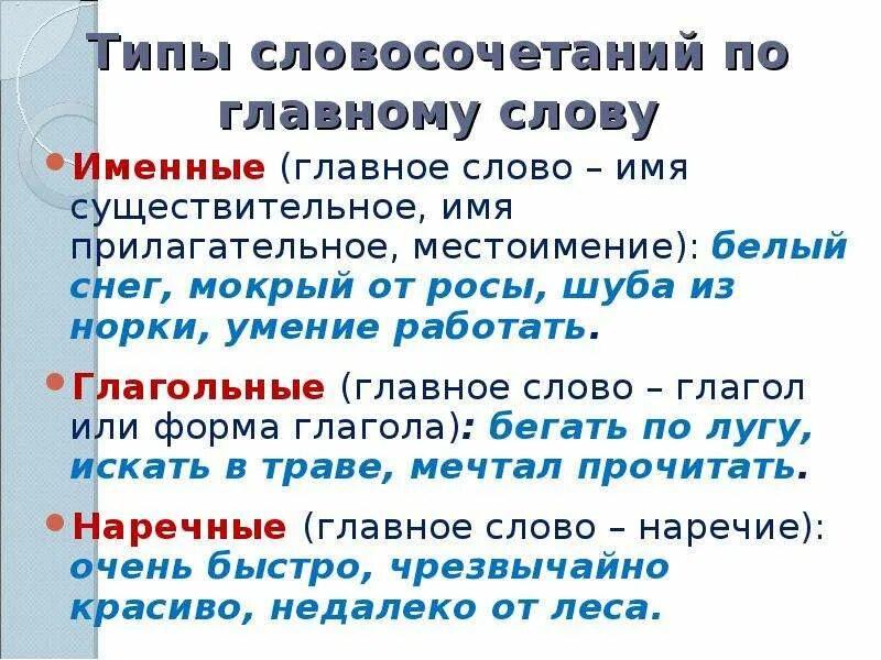 Слова являются именами существительными. Виды словосочетаний по морфологическим свойствам главного слова. Виды словосочетаний по главному слову. Словосочетания по главному слову. Словосочетание типы словосочетаний.