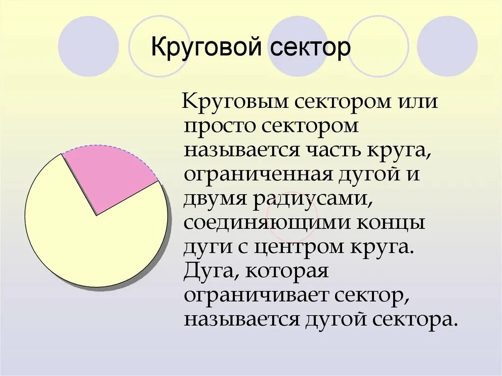 Кольцевое определение. Круговой сектор. Части круга. Часть круга ограниченная дугой и двумя радиусами. Сегмент окружности.