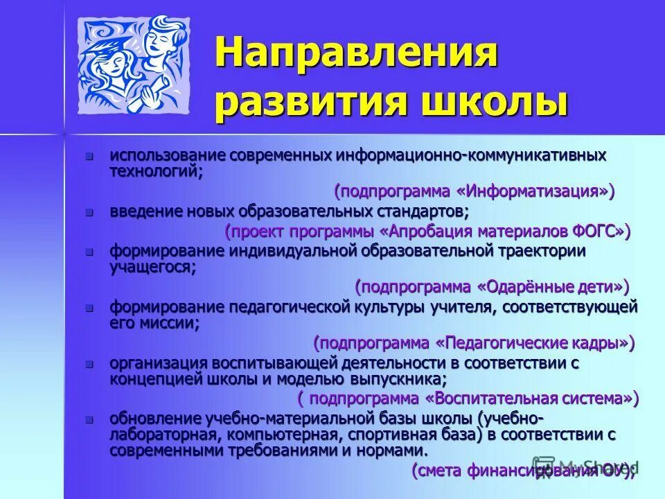 Направления развития школы. Название программы развития школы.