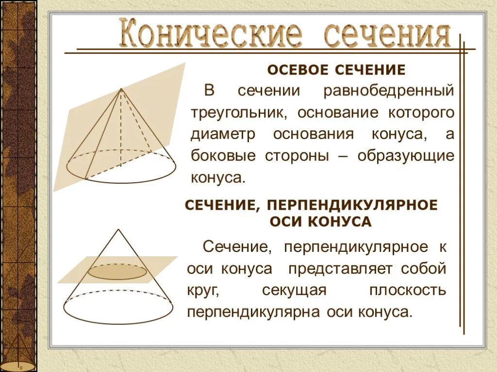 Перпендикулярные образующие конуса. Сечение перпендикулярное оси конуса. сечение конуса плоскостью перпендикулярной основанию. осевое сечение конуса. что представляет собой осевое сечение конуса.