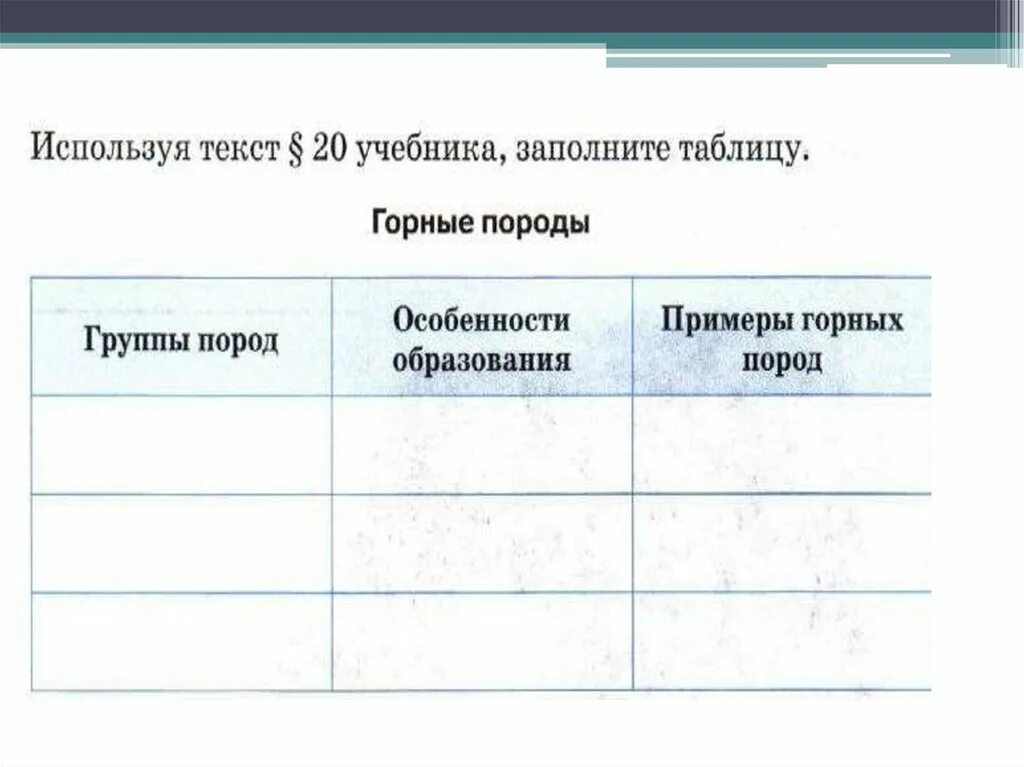 Заполните таблицу горные породы. Используя текст учебника заполните таблицу. Заполните таблицу используя Текс учебника. Заполнить таблицу по горным породам.