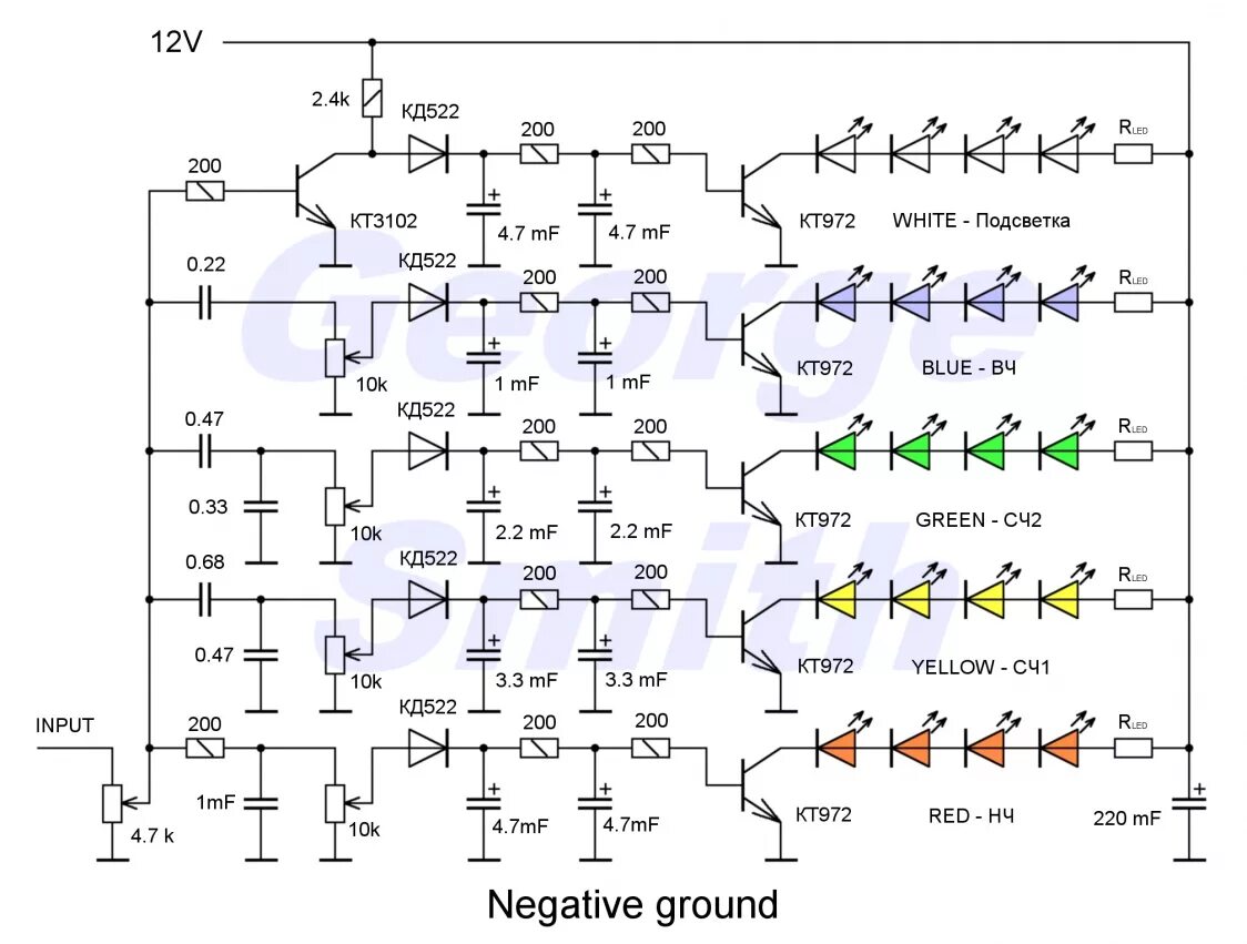 Цму ссоп. ЦМУ на транзисторах схема. Схема 4 канальной ЦМУ на транзисторах. Nk294, 6-канальная цветомузыкальная приставка 220в/500 Вт. Светодиодная цветомузыка схема.