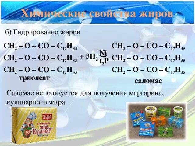 Гидрирование растительных жиров. Гидрирование ненасыщенных жиров. Гидрирование жидких растительных жиров используют для получения. Гидрогенизация жиров реакция.