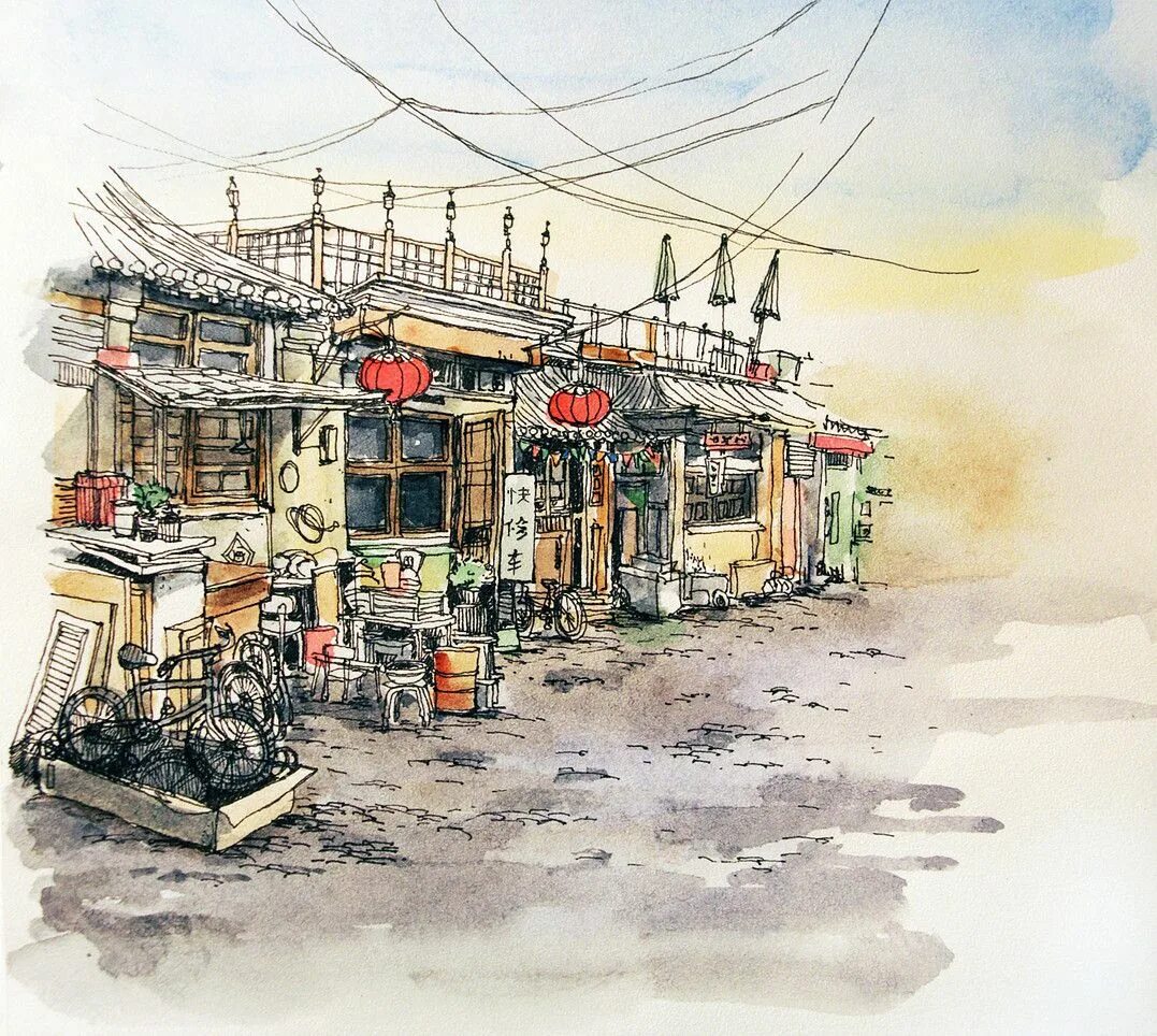 Painting sketching. Пекин акварель. Китайские улицы скетч. Скетчи Пекин. Арты зданий для скетчинга.