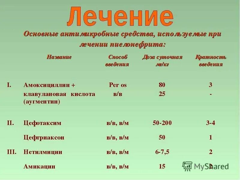 Амоксициллин при пиелонефрите. Суточная дозировка Амикацина. Рассчитать дозу цефотаксима для ребенка.