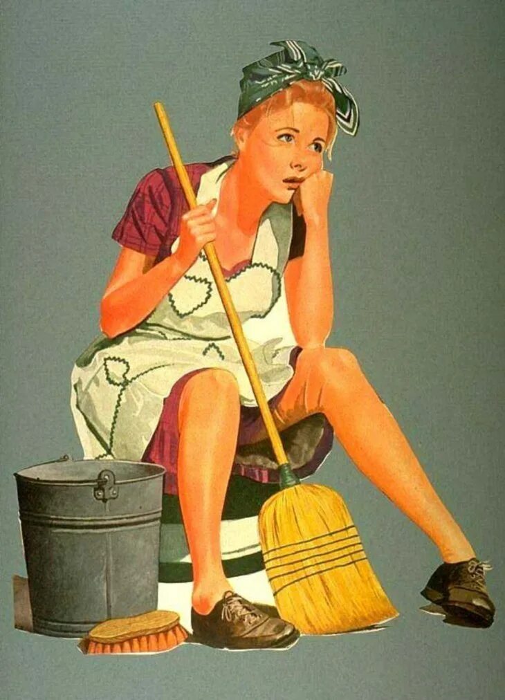 Norman Rockwell художник домохозяйка. Уборщица. Женщина уборка. Женщина убирает.