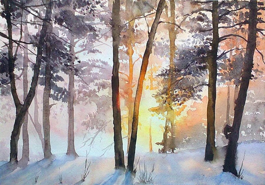 Лес акварелью. Зимний пейзаж акварелью для детей. Зимние рисунки акварелью. Лес акварелью. Зимний лес акварель.