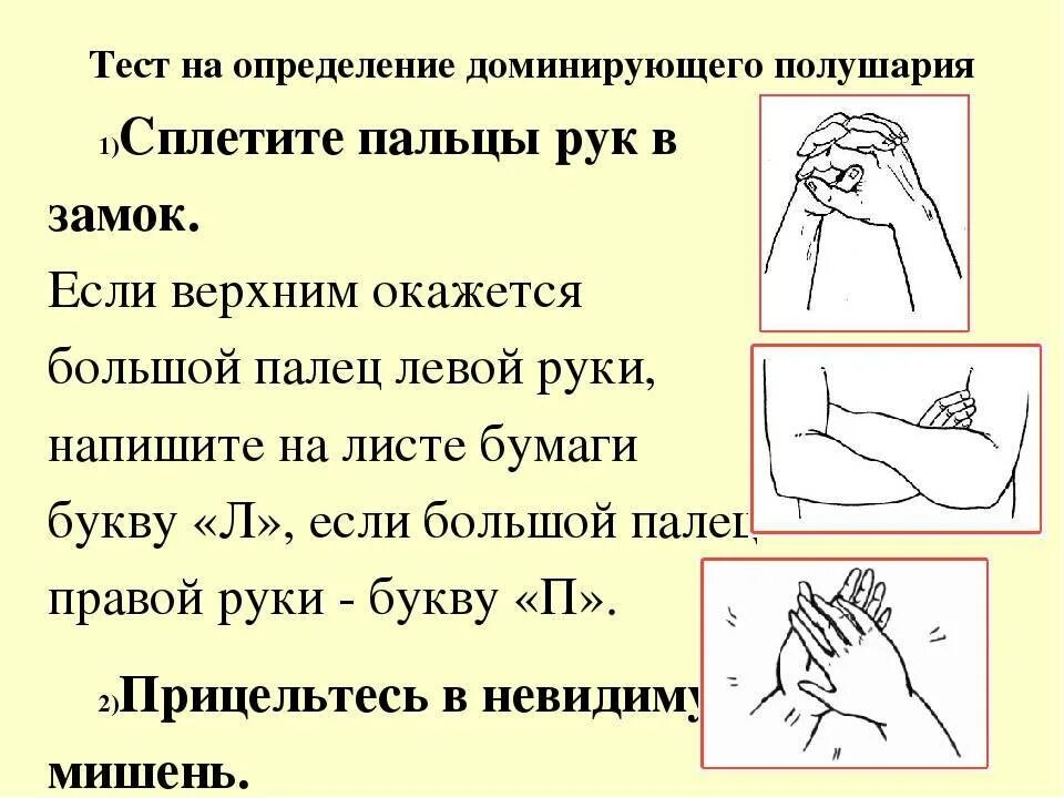 Тест большого пальца. Тест на определение полушария мозга. Упражнения для определения доминирующего полушария. Тест на определение доминирующего полушария мозга. Тест на выявление ведущего полушария.