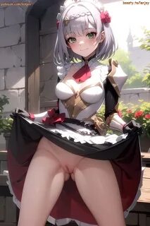 watermark, ai generated, flower in hair, genshin impact, green eyes, lenjoy...