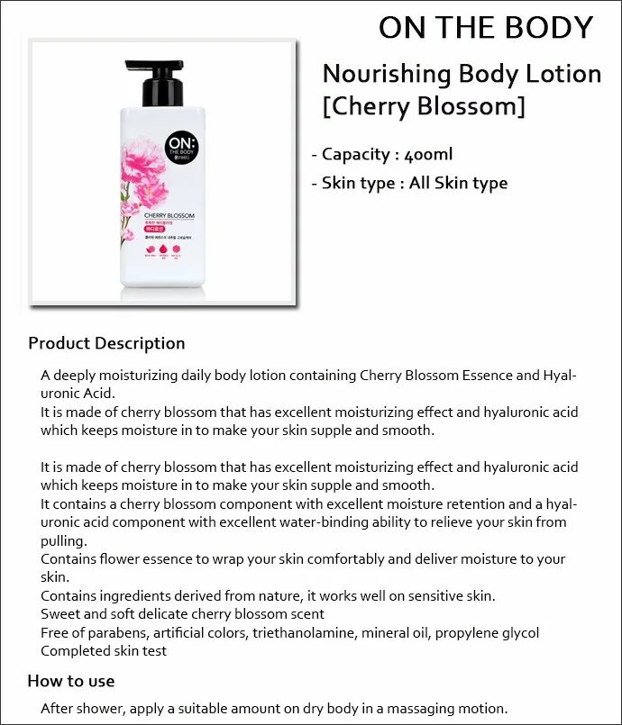 On the body Cherry Blossom body Lotion. On the body Nourishing body Lotion 400ml Cherry Blossom. Cherry Blossom Nourishing body Lotion. On:the body лосьон для тела Nourishing body Lotion 400 мл..