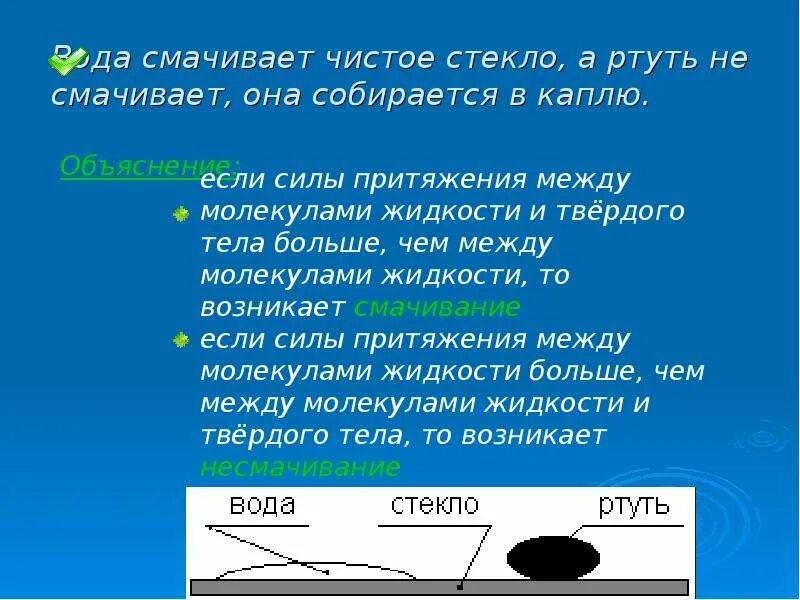 Капля масла растекается по поверхности воды. Смочить водой. Ртуть смачивает стекло. Смачивание ртути. Ртуть на стекле смачивание.