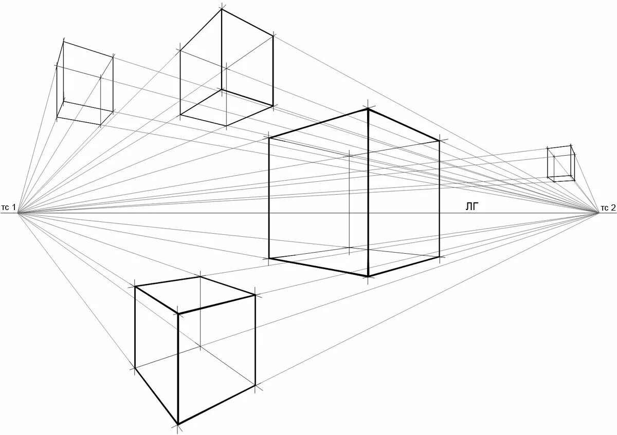 Куб в перспективе и сбоку. Линейная перспектива Куба с двумя точками схода. Угловая линейная перспектива Куба. Угловая перспектива( двухточечная линейная перспектива). Потенциальные перспективы