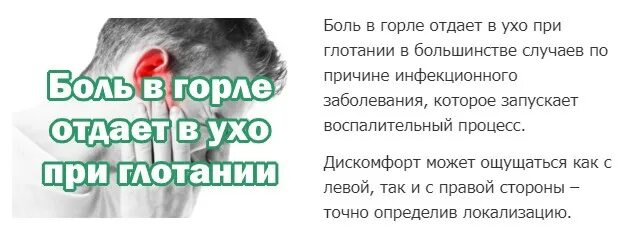 Сильно болит горло и ухо. Болит в носоглотке и отдает в ухо. Болит горло и отдает боль в ухо. Болит горло отдает в левое ухо. При сглатывании болит горло и отдаёт в ухо.