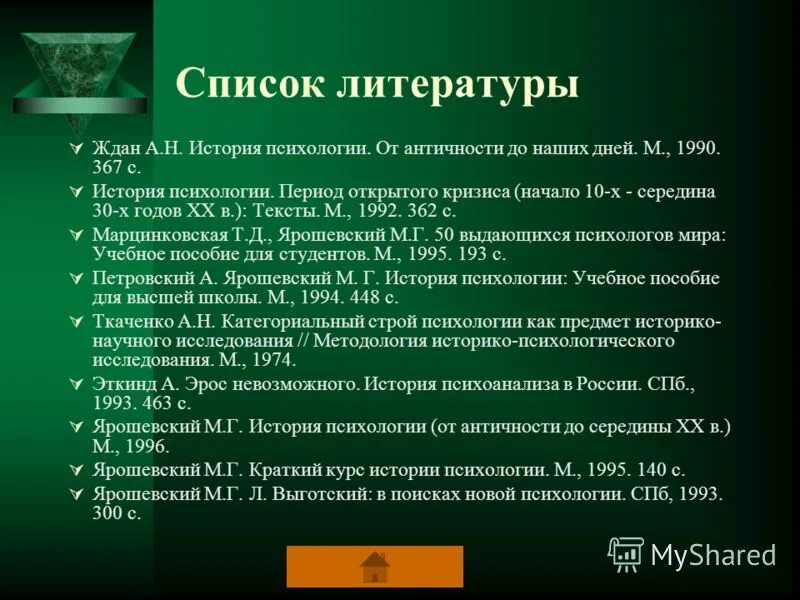 Список литературы. Предмет истории психологии.