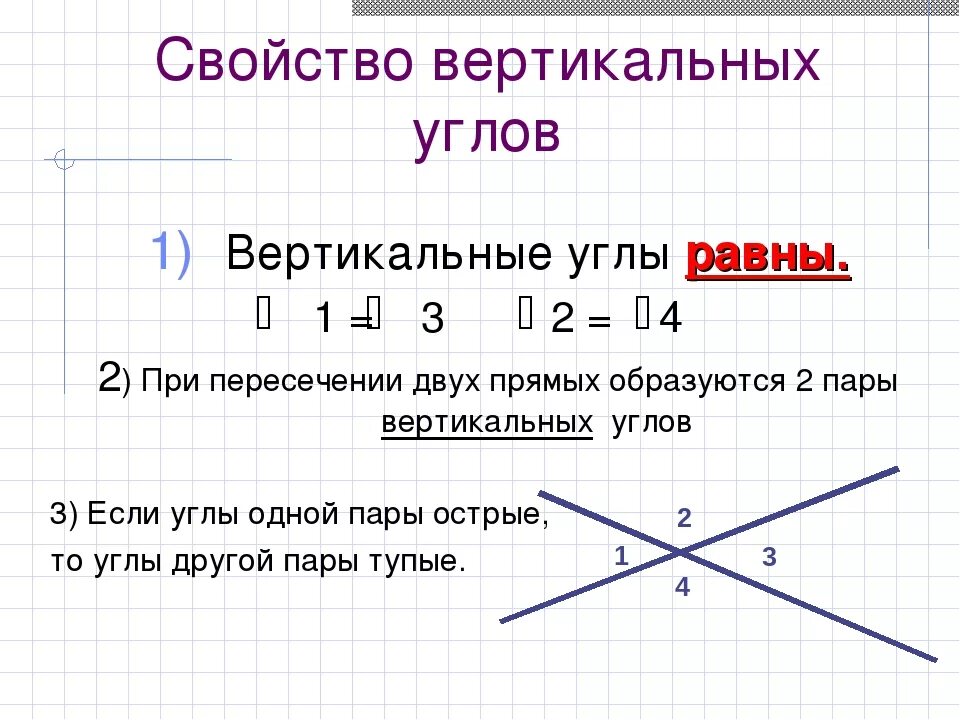 Теорема о вертикальных углах чертеж. Признаки вертикальных углов 7 класс. Свойсто ветрикпльнвх кглоа. Вертикальные углы определение и свойства.