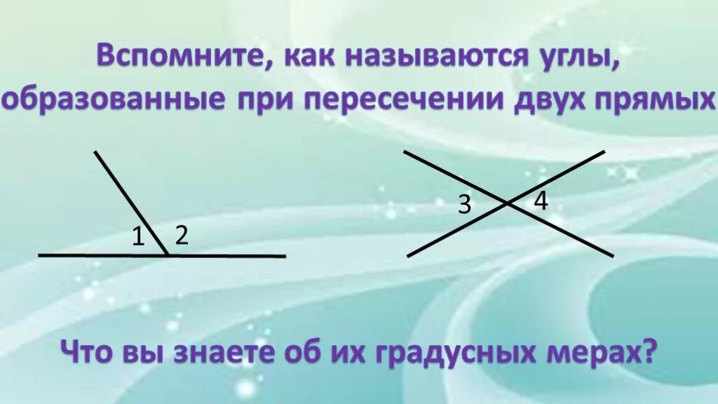 Назовите углы равные углу 1. Углы при пересечении 2 прямых названия. Как называются углы при пересечении 2 прямых. Унлы припересечении поямых. Название углов при пересечении двух прямых.