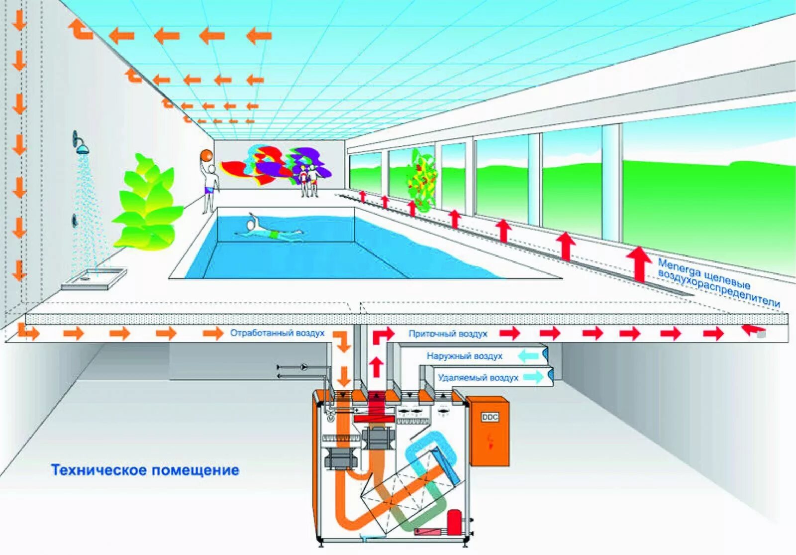 Скорость воздуха в бассейнах. Приточно-вытяжная вентиляция для бассейна в частном доме схема. Вентиляция бассейна схема воздухообмена. Системы приточной и вытяжной вентиляции в бассейне. Система вентиляции Menerga.