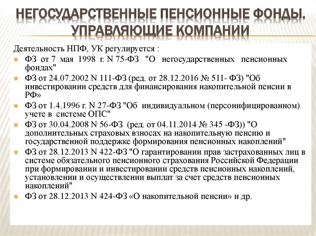 Нормативно-правовые акты негосударственных пенсионных фондов. Негосударственный пенсионный фонд. Правовое положение негосударственных пенсионных фондов. Источники негосударственных пенсионных фондов.