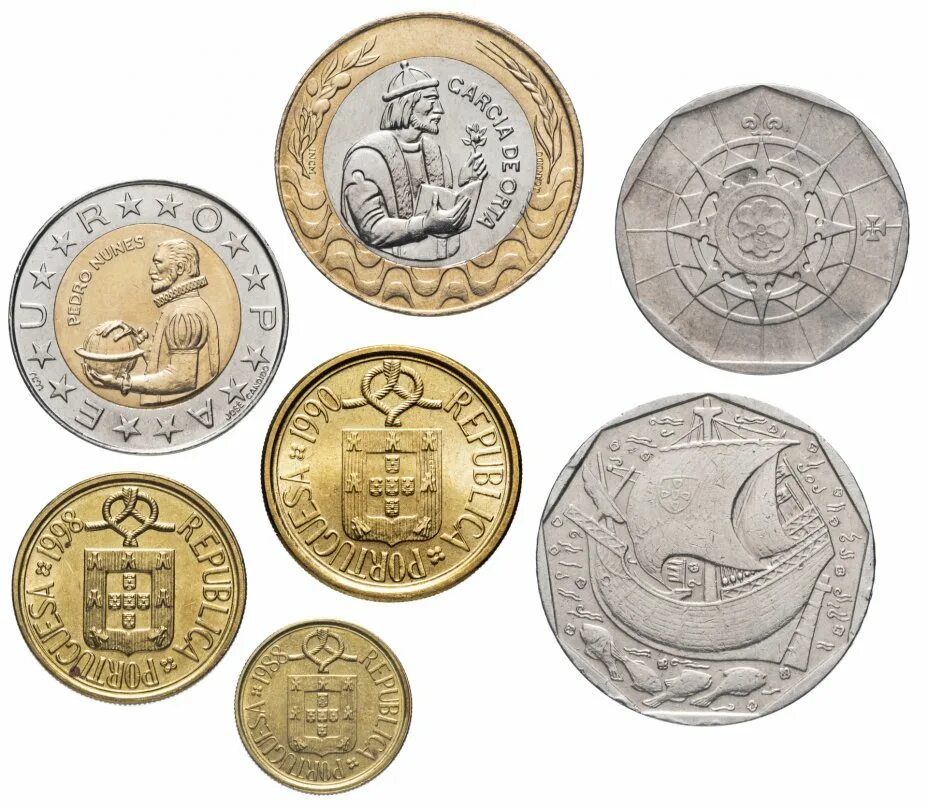Набор монет Португалии 200 эскудо 1993 года. Португальские монеты. Набор португальских монет. Монеты Португалии до евро.