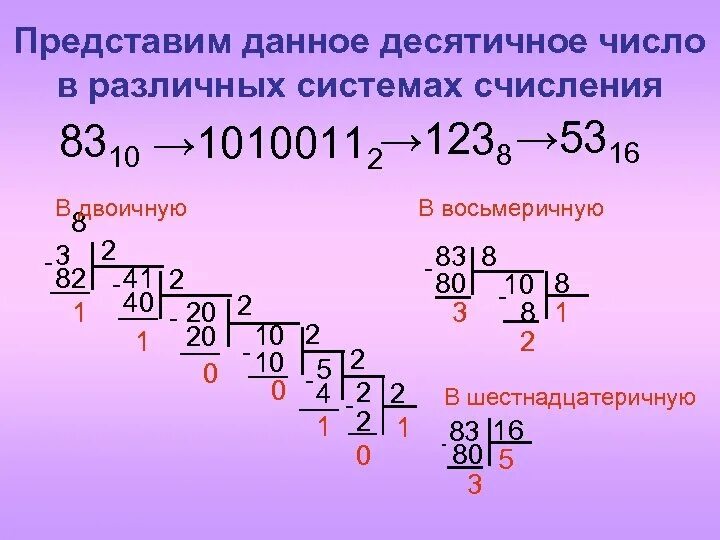 3 23 в десятичную. 83 В 10 перевести в двоичную систему счисления. 83 Из десятичной в восьмеричную систему счисления. Перевести из восьмеричной системы в десятичную 83. 83 Перевести в двоичную систему.