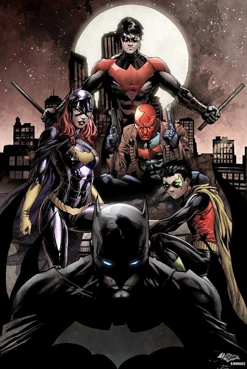 Бэт-семья DC Comics. Bat Family DC Comics. Бэтмен Найтвинг красный колпак красный Робин Робин. Bat Family Art.