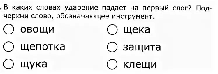 Подчеркни слово обозначающее инструмент. Клещи инструмент ударение в слове. Щука ударение в слове. Овощи щепотка щука щеки защита клещи где инструмент. Щука ударение