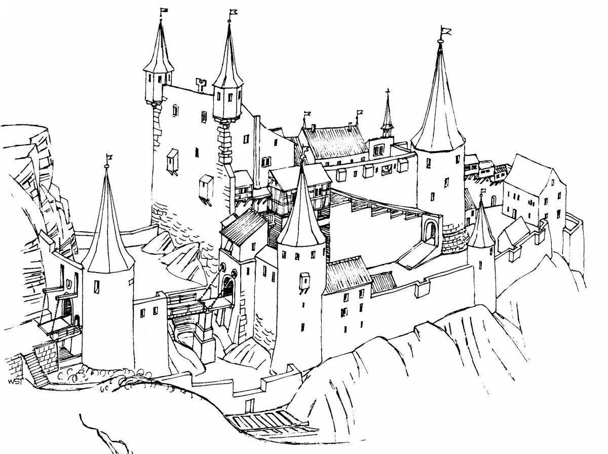 Замок 7 класс. Раскраска замок. Замок рисунок. Замок рисунок карандашом. Эскиз средневекового города.