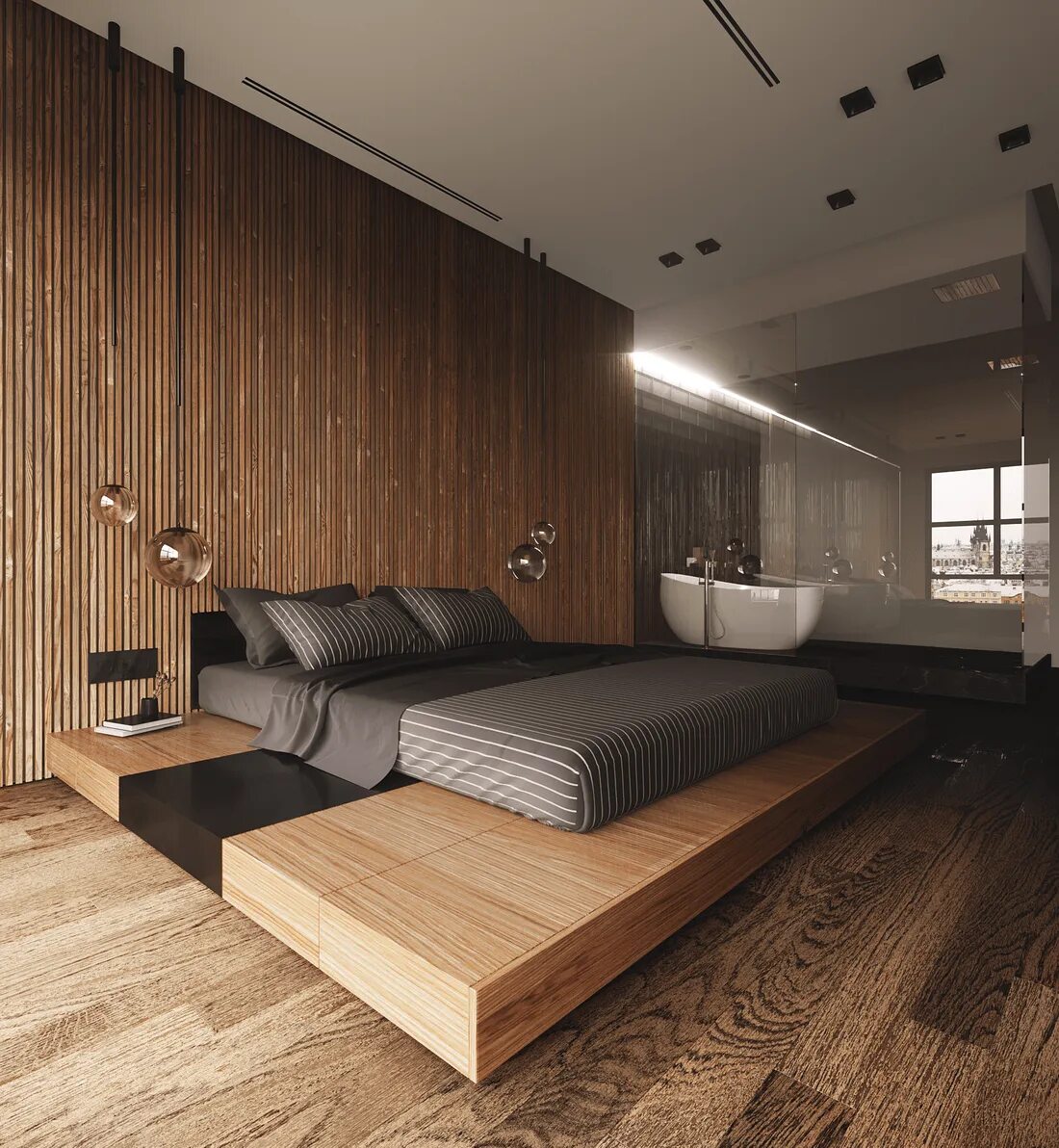 Панельная комната. Спальня в современном стиле с деревом. Спальня с деревянными рейками. Дерево в современном интерьере. Деревянные рейки в интерьере.