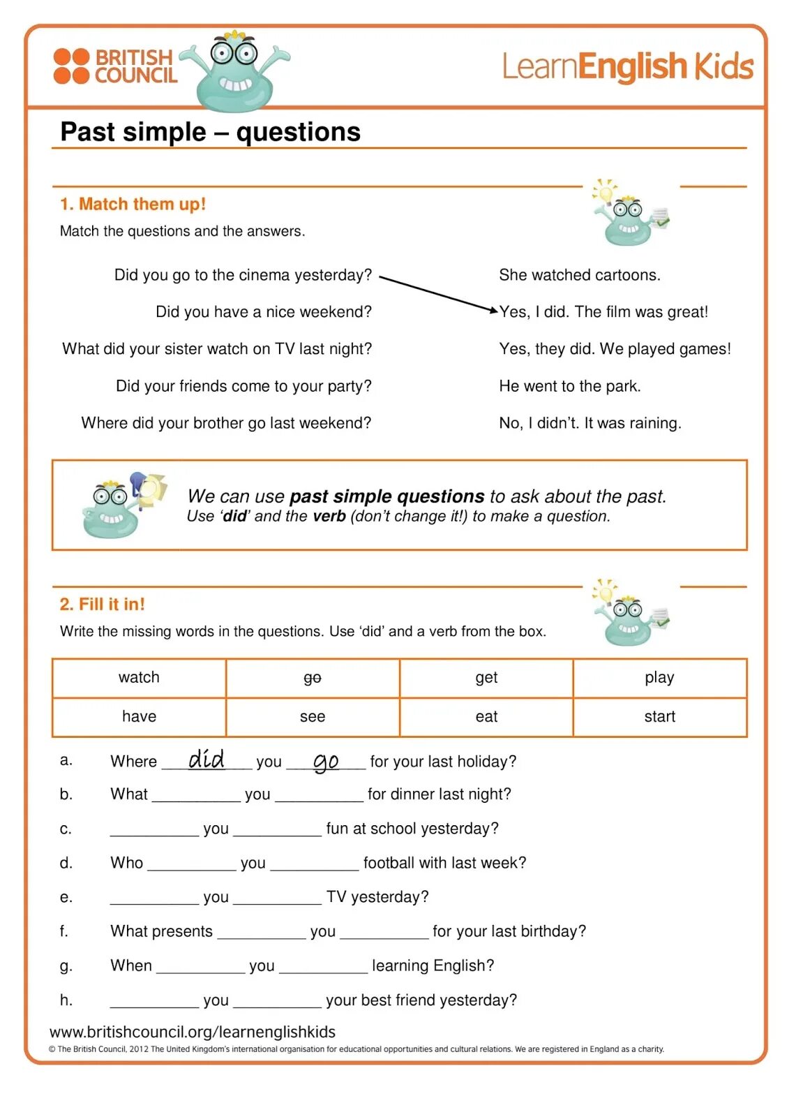 British Council for Kids past simple questions. Past simple вопросы Worksheets. Past simple английский Worksheets. Специальные вопросы в past simple Worksheets. Questions test english