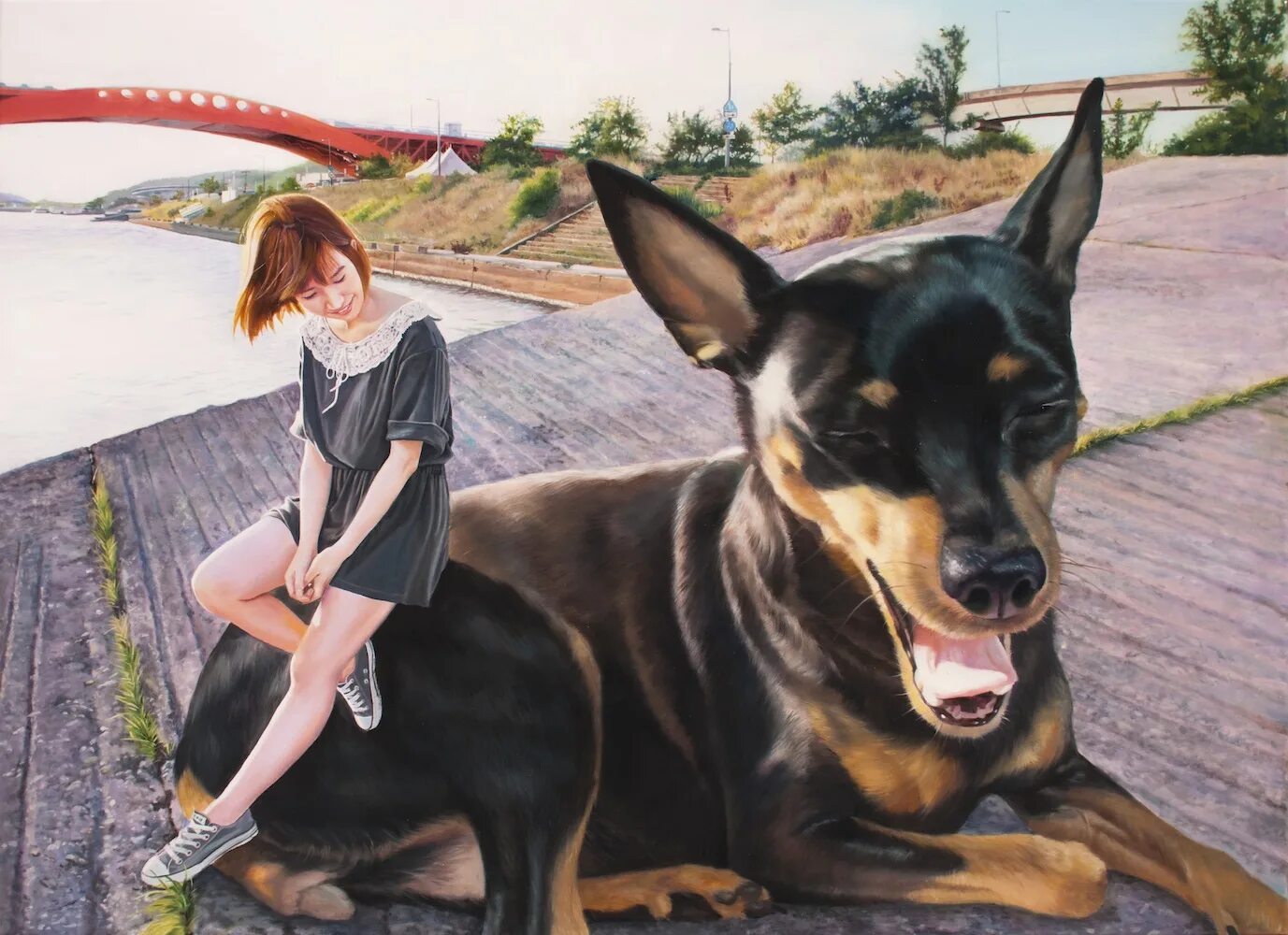Включи собаку баба. Корейский художник Чжон ву Чжэ. Корейский художник Чжон ву Чжэ собака. Девушка с большой собакой арт. Девочка и большая собака арт.