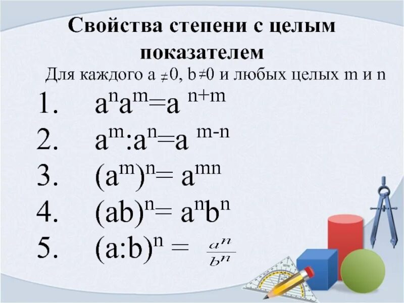 Урок свойства степени. Свойства степени с целым показателем. Свойства степеней 11 класс.