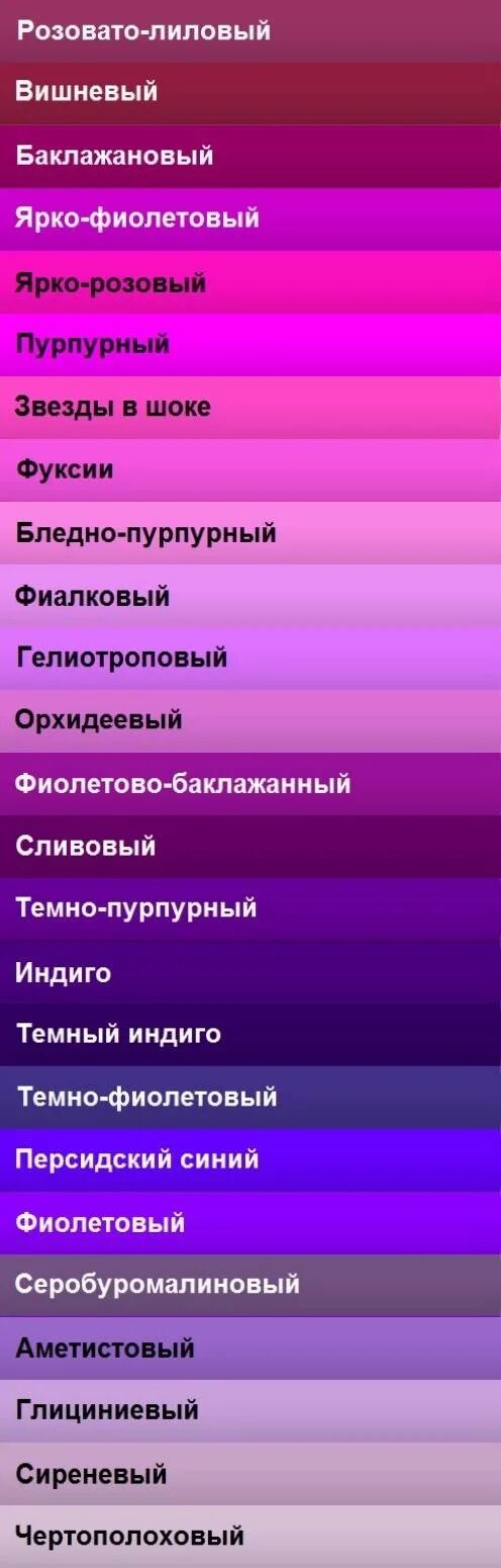 Оттенки сиреневого с названиями. Оттенки фиолетового с названиями. Сиреневый цвет название. Оттенки фиолетового цвета с названиями.