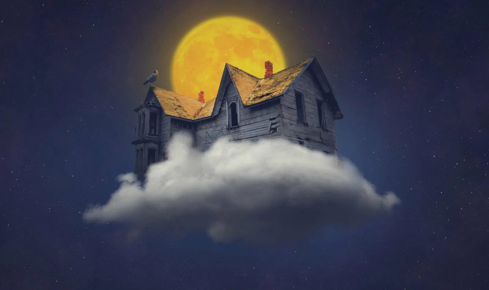 Лунный домик. Луна над домами. Домик под луной.