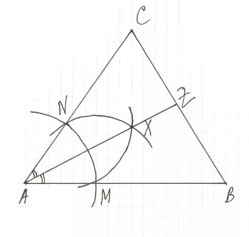 Построить 1 биссектрису угла. Биссектриса треугольника с помощью циркуля. Как построить биссектрису треугольника циркулем. Построение биссектрис треугольника с помощью циркуля и линейки. Как строить биссектрису треугольника с помощью циркуля.