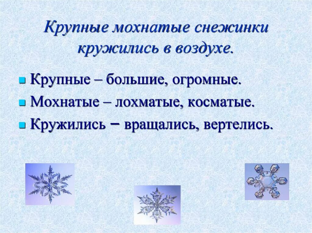 Лексическое значение слова снежинки. Крупные снежинки закружились в воздухе. Закружились пушистые снежинки. Снежинки в воздухе. Мохнатые снежинки закружились в воздухе.