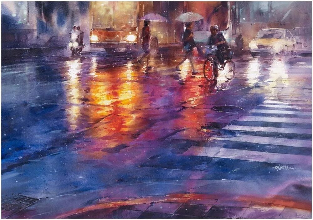 Дождь в большом городе. Лин Чинг че художник. Акварель живопись Lin Ching che. Картины художника Лин Чинг.