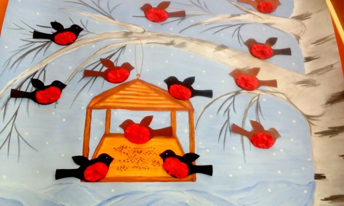 Аппликация птицы в детском саду. Коллективная работа птицы зимой. Рисование зимующие птицы подготовительная группа. Коллективная зимняя аппликация. Коллективная работа птицы зимой.