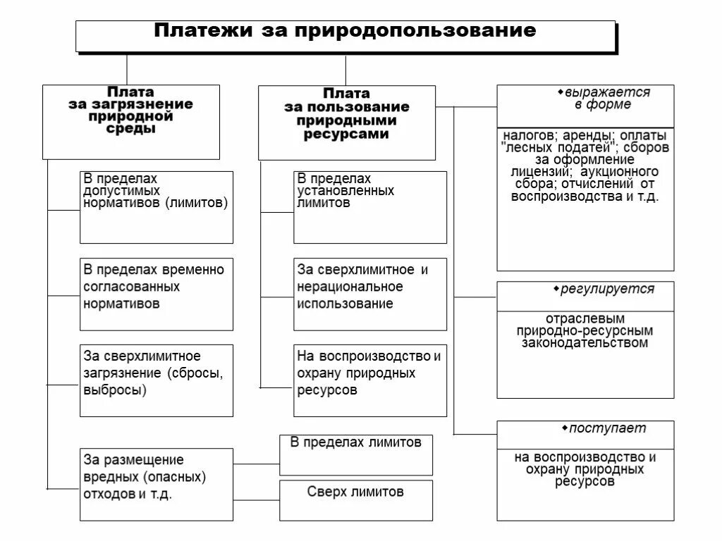 Система платежей за природопользование в РФ. Система платежей за пользование природными ресурсами схема. Система правовых форм платы за природопользование. Виды платы за природные ресурсы.