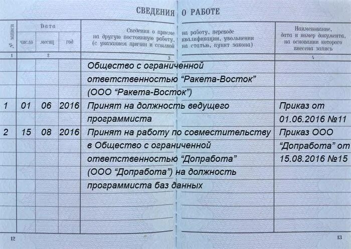 Ефс при увольнении совместителя. Как оформить в трудовой книжке работу по совместительству. Запись в трудовой книжке работника по совместительству. Запись в трудовой о совместительстве. Оформление записи в трудовой по совместительству.