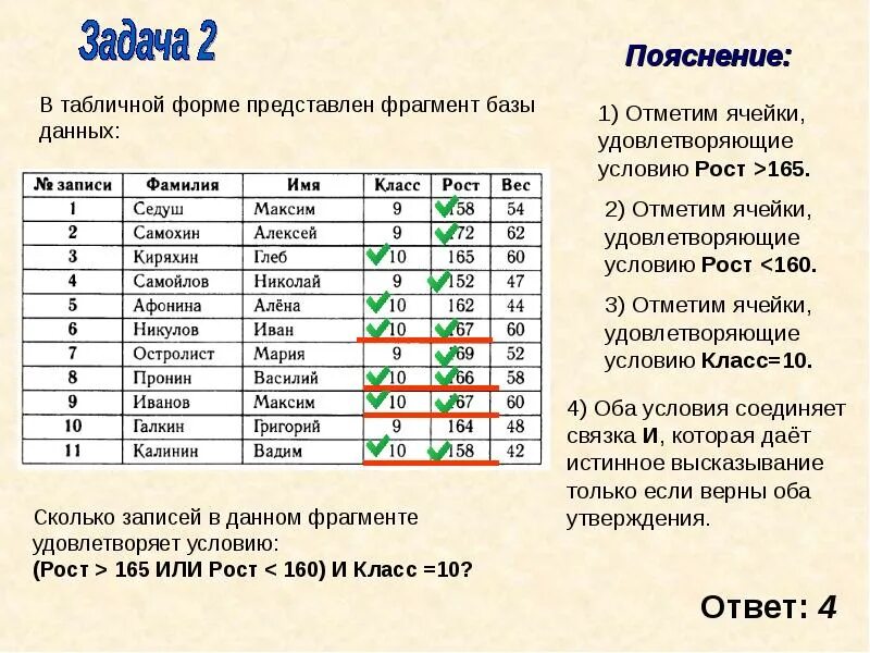 Фрагмент информации 4. В табличной форме представлен фрагмент базы данных. Сколько записей в данном фрагменте удовлетворяют условию. Ниже в табличной форме представлен фрагмент базы данных. База данных представлена в табличной форме запись.