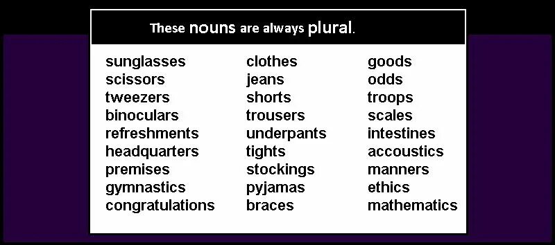 Use noun. Nouns only in plural. always plural nouns. singular and plural in english. nouns that are always plural.