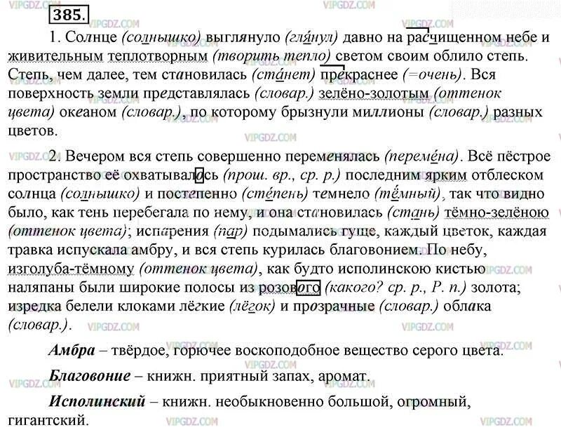 Встало солнце разогнав туманы впр. Русский язык 6 класс ладыженская упражнение 385. Русский шестой класс упражнение 385. Задания по русскому языку 6 класс номер 385. Русский язык 6 класс 2 часть упражнение 385.