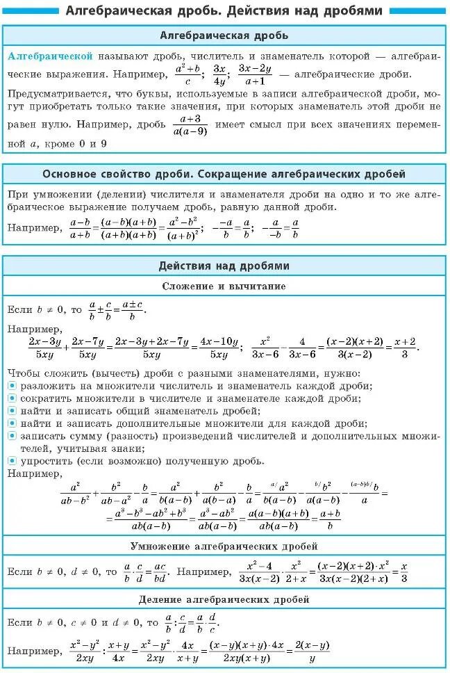 Алгебраические дроби 8 класс формулы. Совместное действие с алгебраическими дробями формулы. Свойства дробей формулы примеры. Формулы по алгебре 8 класс дроби.