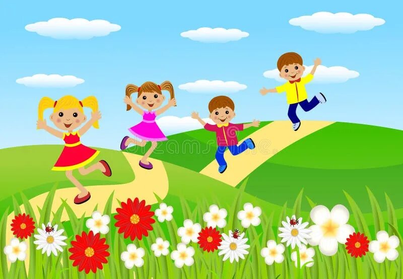 Веселою веселою дорожкою бегу. Дети на лугу. Мультяшные дети на природе. Дети на Поляне. Дети летом в саду мультяшные.