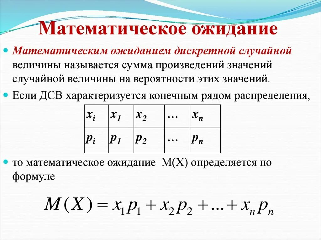 Случайная величина математика. Математическое ожидание дискретной случайной величины формула. Формула вычисления математического ожидания случайной величины. Формула нахождения математического ожидания случайной величины. Как рассчитать математическое ожидание.