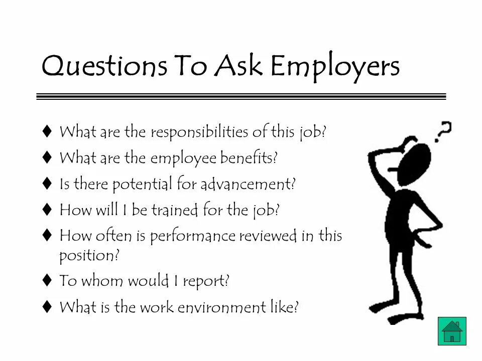 Ask questions to get more information. Interview questions. Questions for Employer. Questions to Employers. My questions to Employer.