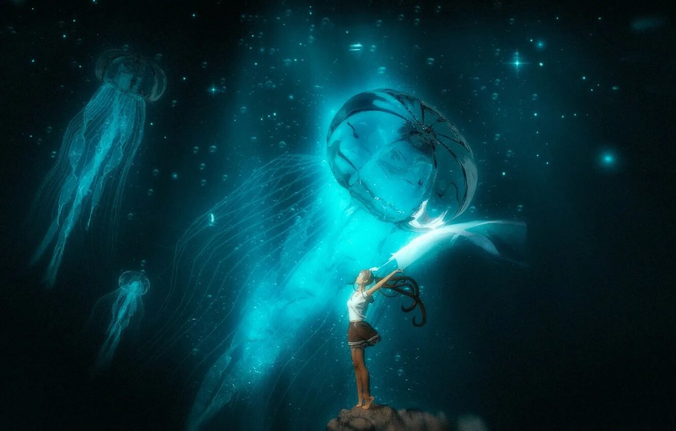 Летающая медуза. Медуза в космосе. Фантастический фотомонтаж. Медуза в небе. Медуза арт.