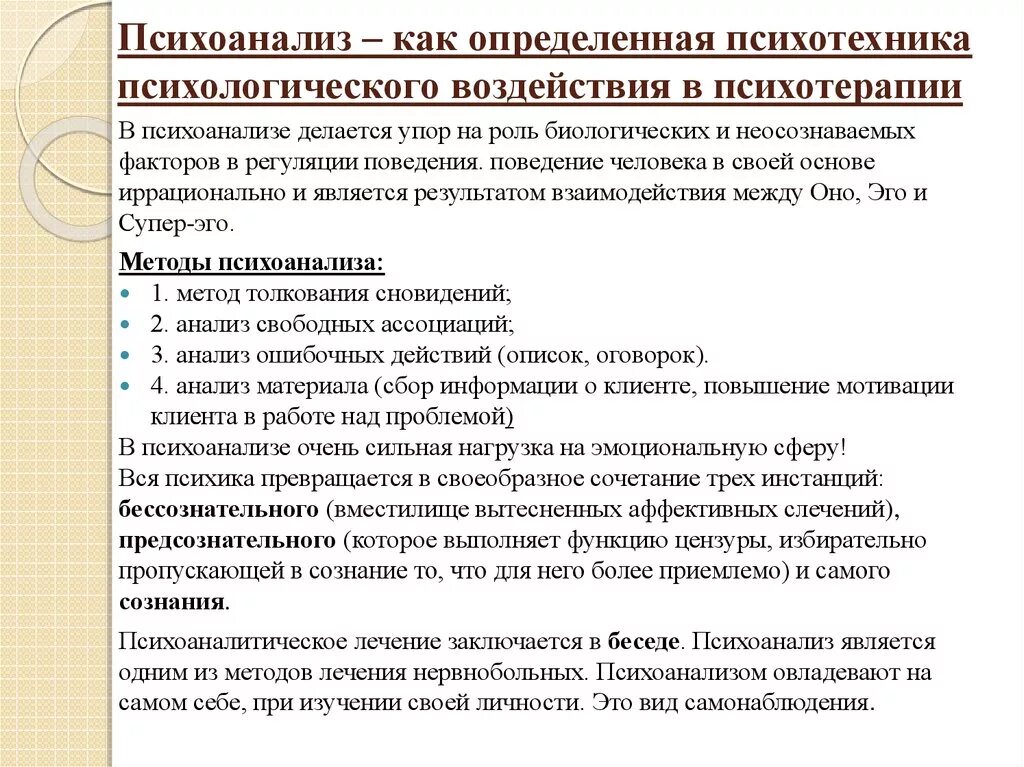 Методы Фрейда исследования психики. Методы психоаналитической терапии. Психоанализ методы исследования. Методы психоанализа.