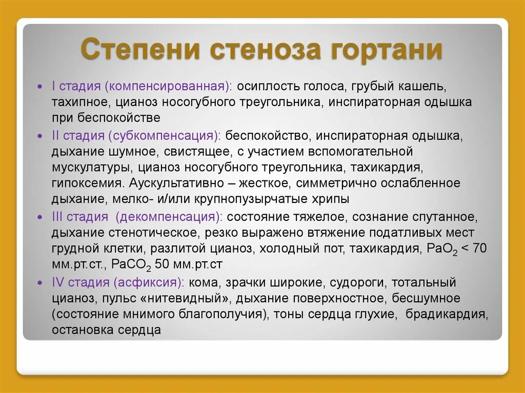 Стадия компенсации характерна. Клинические проявления стадий стеноза гортани. Степени стенода Горьан. Степени стнеоза глртаги. Стадиистеноза гопюртани.