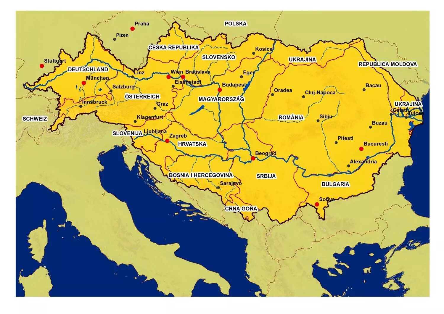 Страны через которые протекает дунай. Бассейн реки Дунай. Река Дунай на карте. Бассейн реки Дунай на карте. Устье реки Дунай на карте Европы.